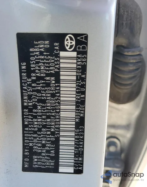 2016 Toyota Corolla L z USA, uszkodzony, nr VIN 5YFBURHE4GP524141